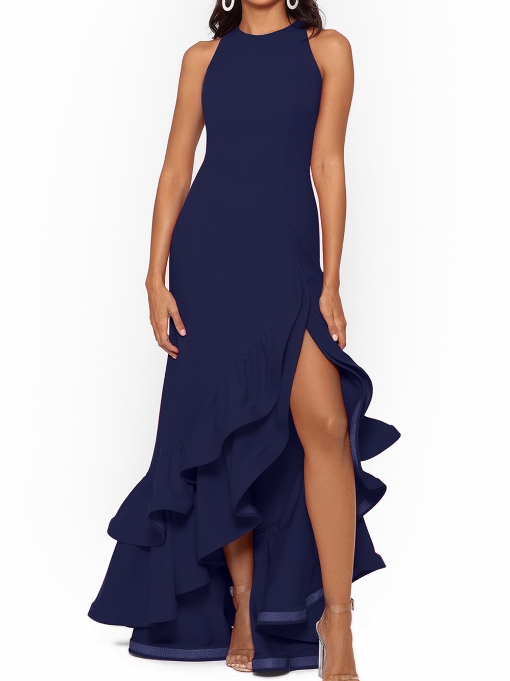 Betsy & Adam Navy Crepe Ruffle Halter Mermaid Gown Size 2